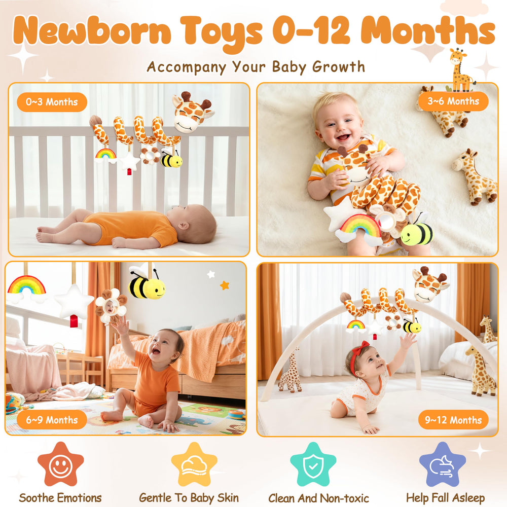 Stuffed giraffe rainbow bee stars flower toys offer varied textures for exploration.
