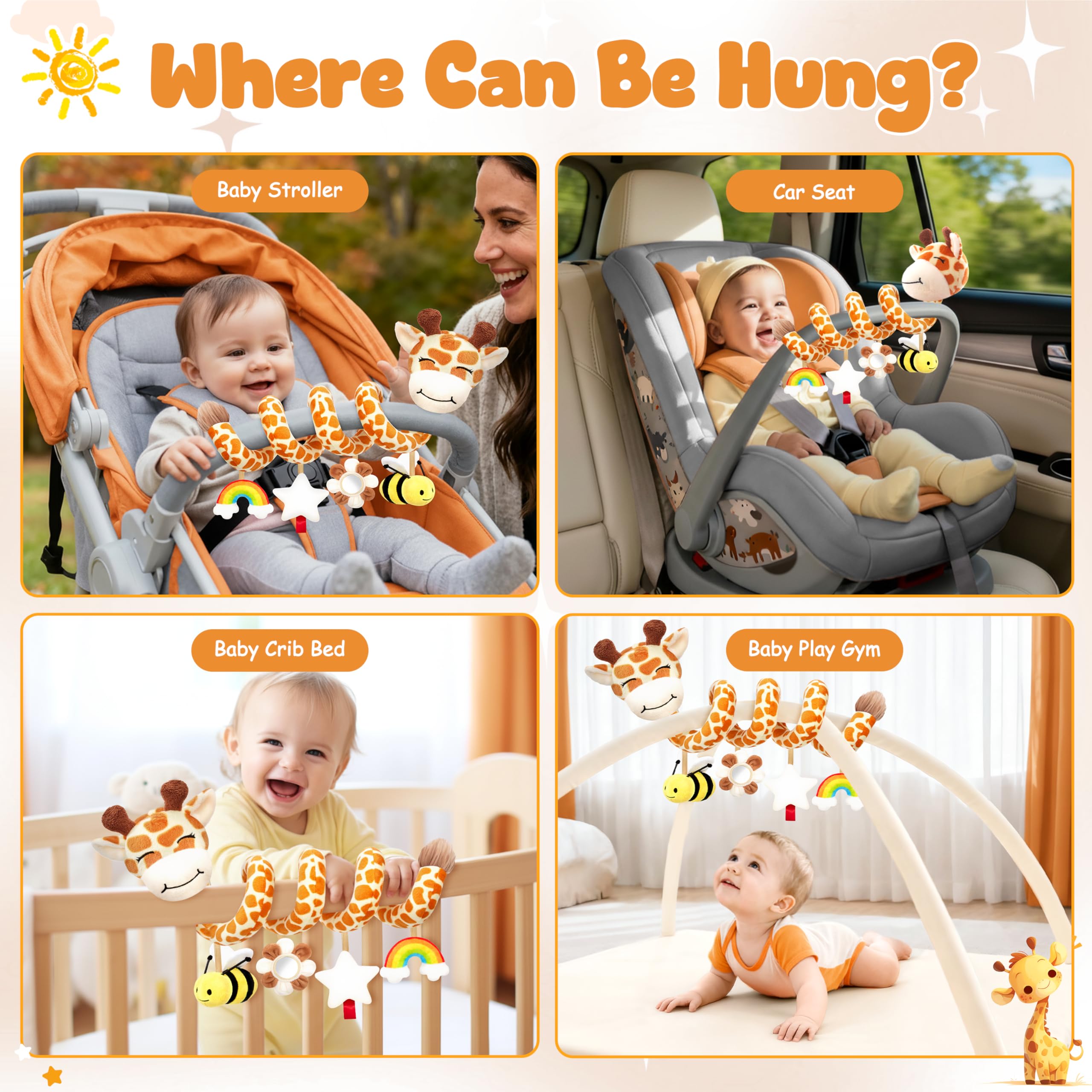 Stuffed giraffe transforming mirror engages baby's attention during tummy time.