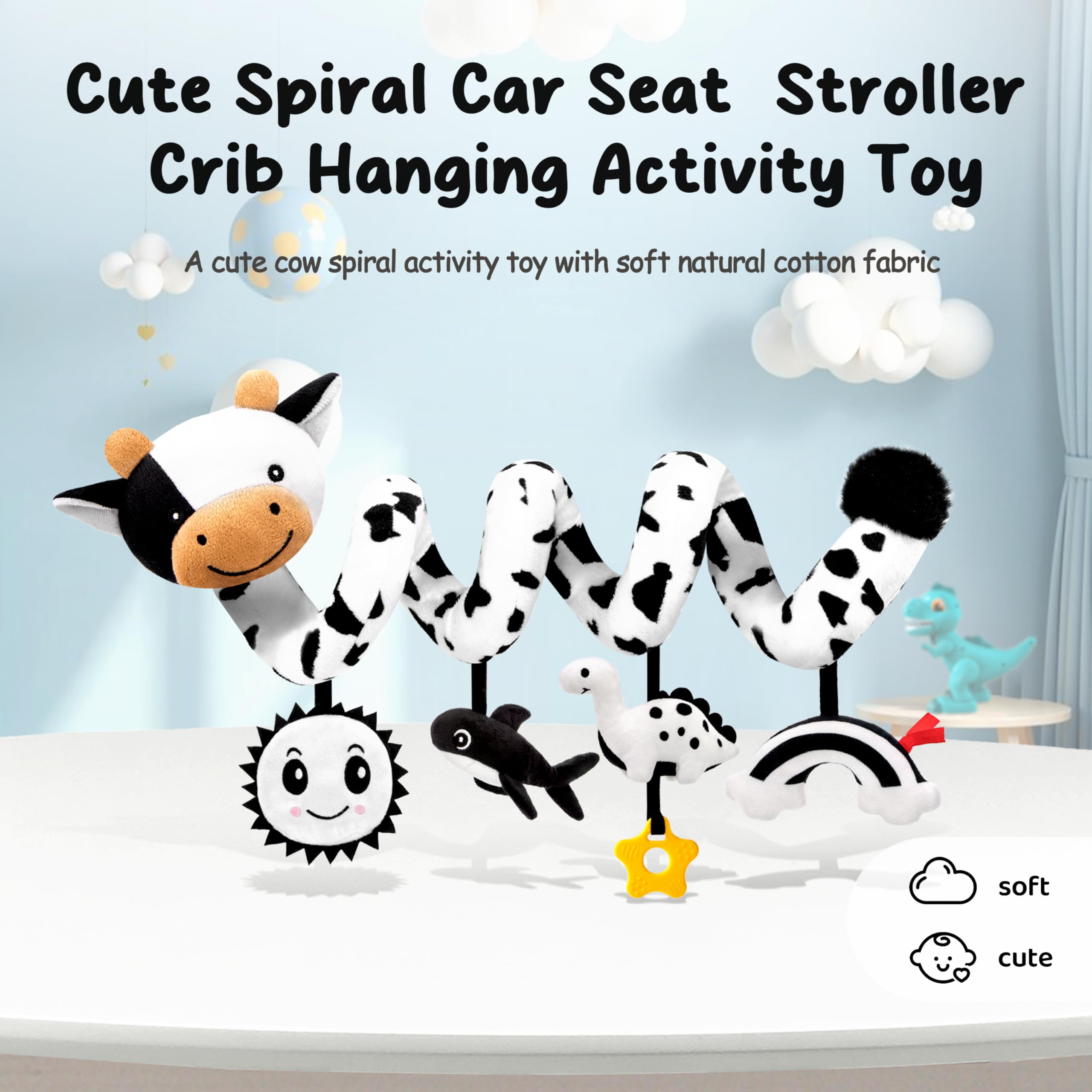 Stuffed high-contrast cow toy boosts focus during on-the-go play.