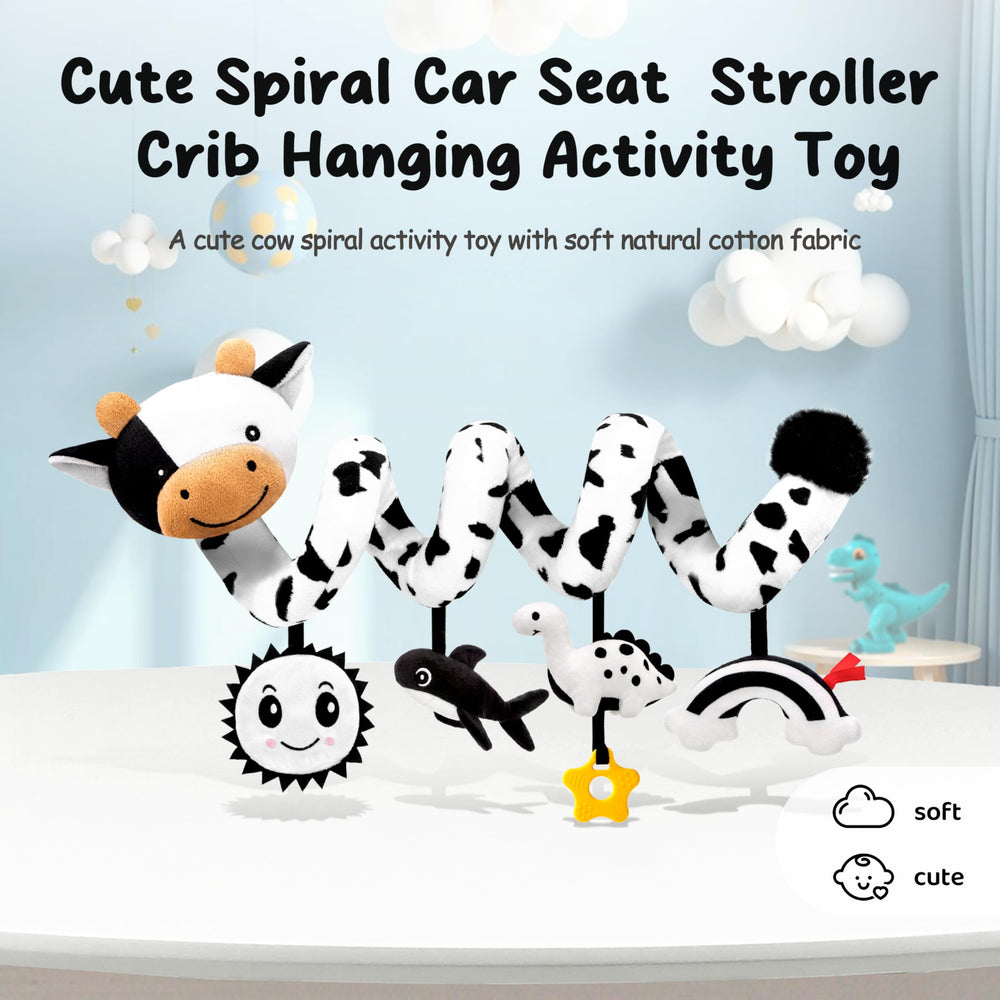 Stuffed high-contrast cow toy boosts focus during on-the-go play.