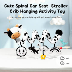 Stuffed high-contrast cow toy boosts focus during on-the-go play.