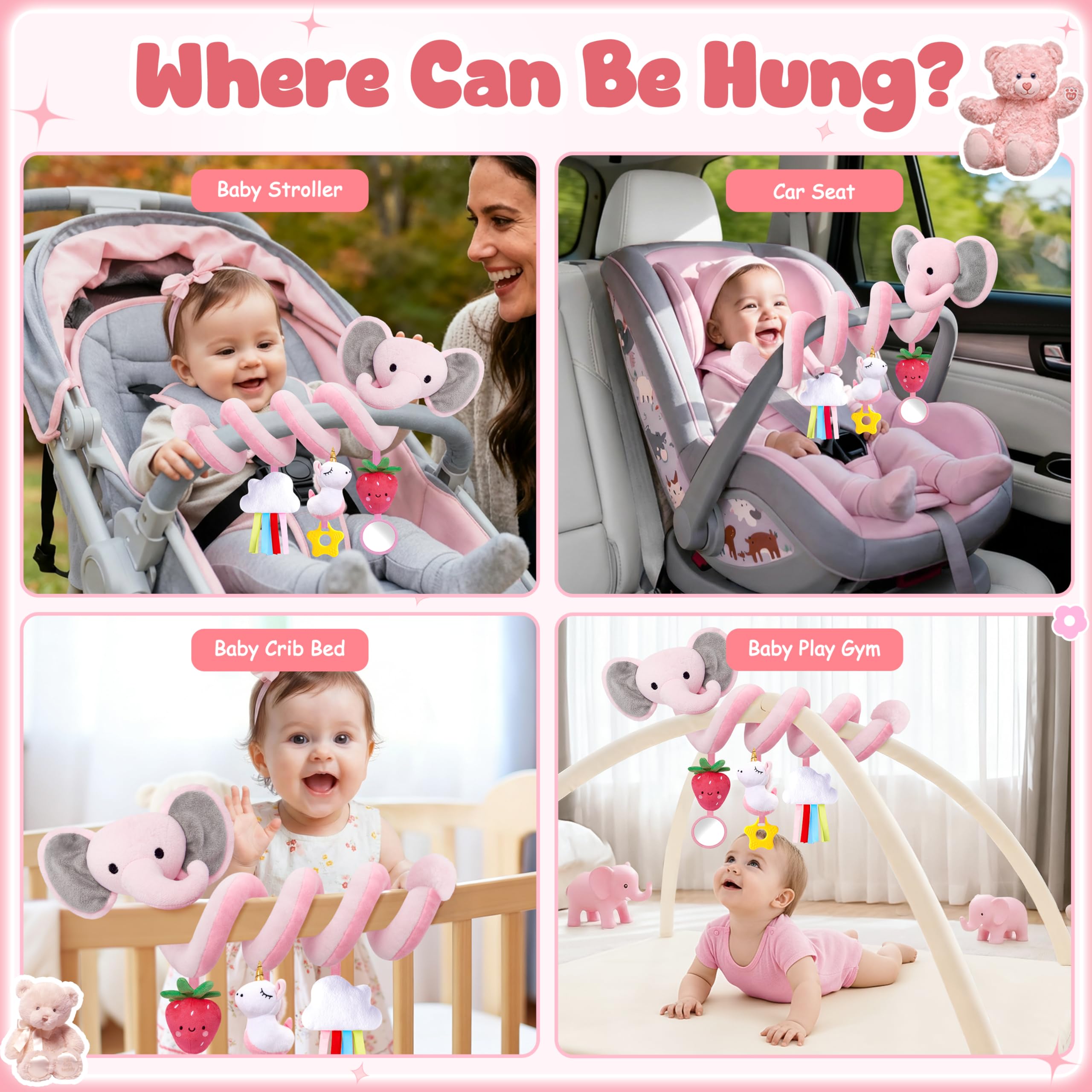 Stuffed spiral car seat toy with crinkle paper and bells