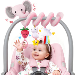Stuffed pink elephant spiral car seat toy for newborn visual tracking
