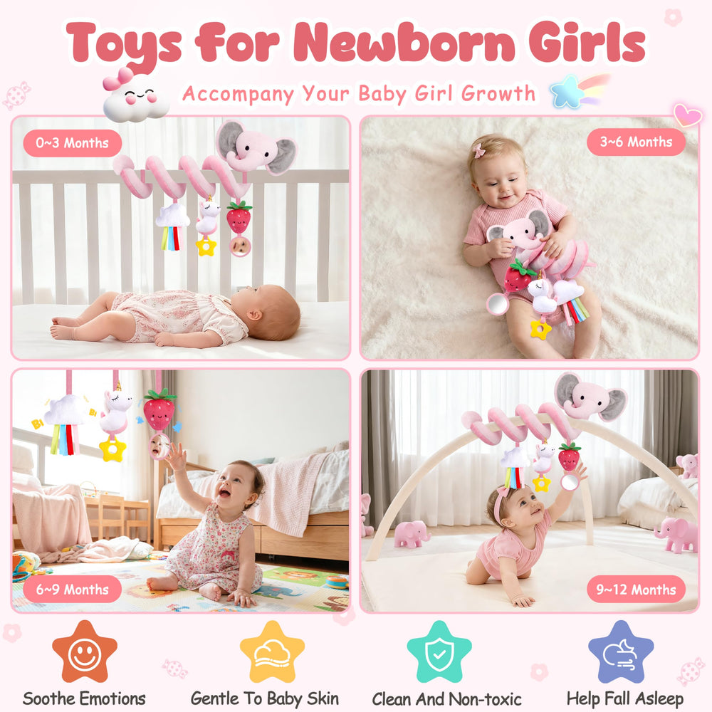 Stuffed unicorn spiral car seat toy stimulates sounds and grasping