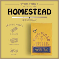Close-up of Stumptown Homestead Blend beans showing a clean medium roast