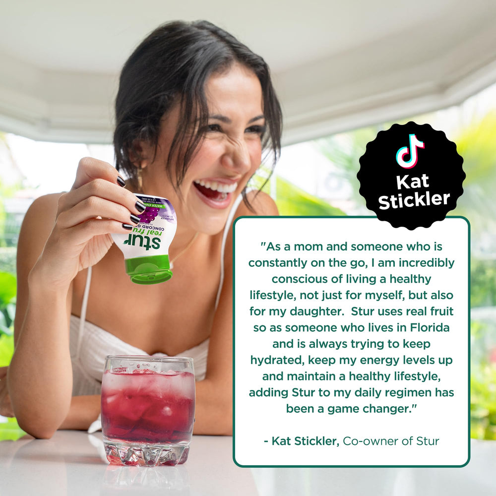 Stur bottle beside fresh fruit emphasizes natural flavor and antioxidants