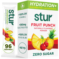 Stur Electrolytes Fruit Punch packets for zero-sugar hydration during activity.