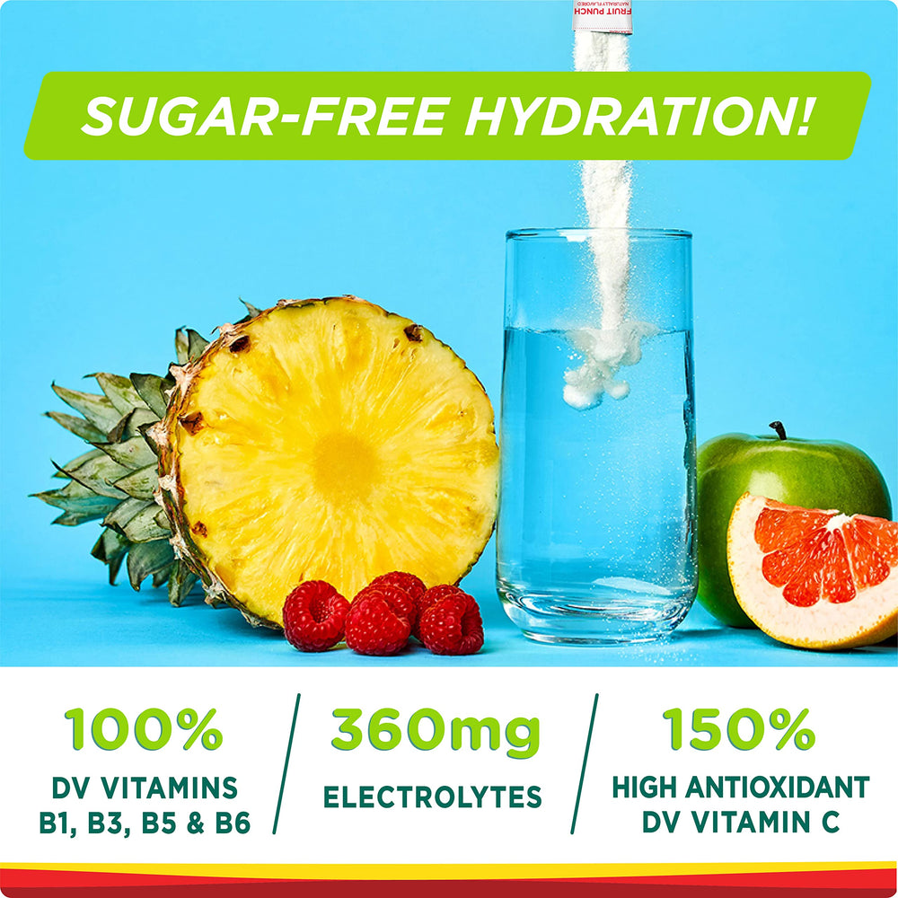 Stur Electrolytes Fruit Punch zero-sugar packets for refreshing hydration.