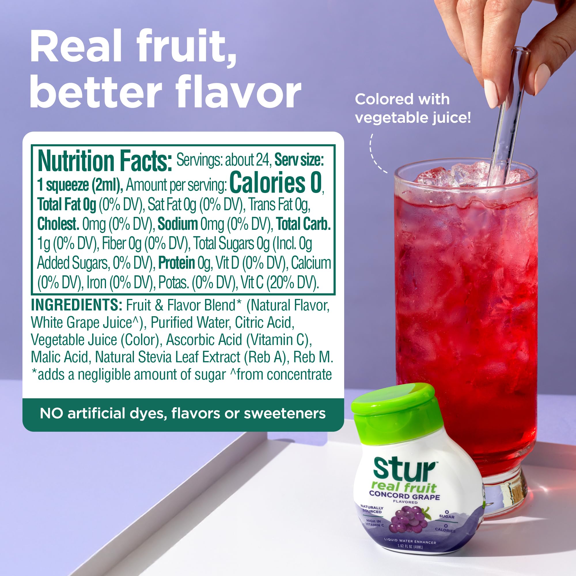 Stur Concord Grape bottle pour into glass for a quick flavored sip