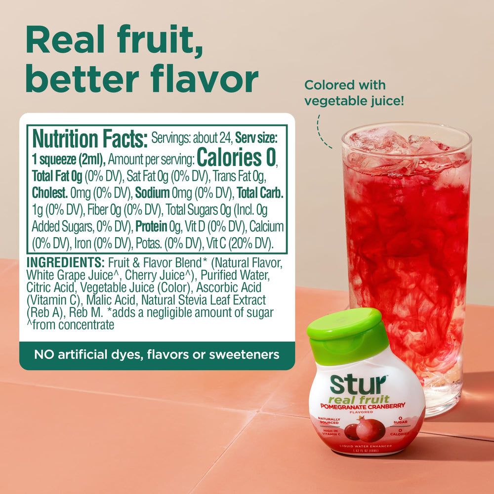 Stur Liquid Water Enhancer being poured into a glass of water for a cherry flavor.
