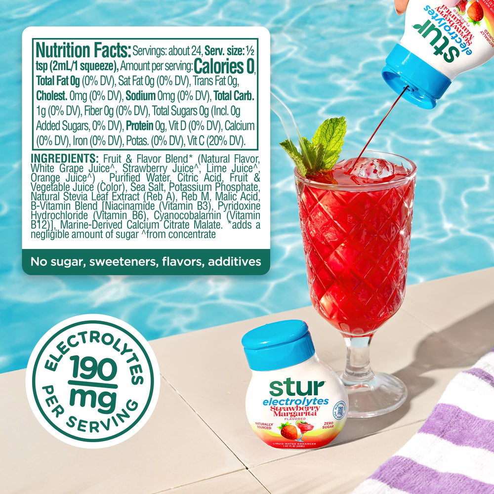 Stur real-fruit-extract closeup highlights natural color from vegetable-dyes.