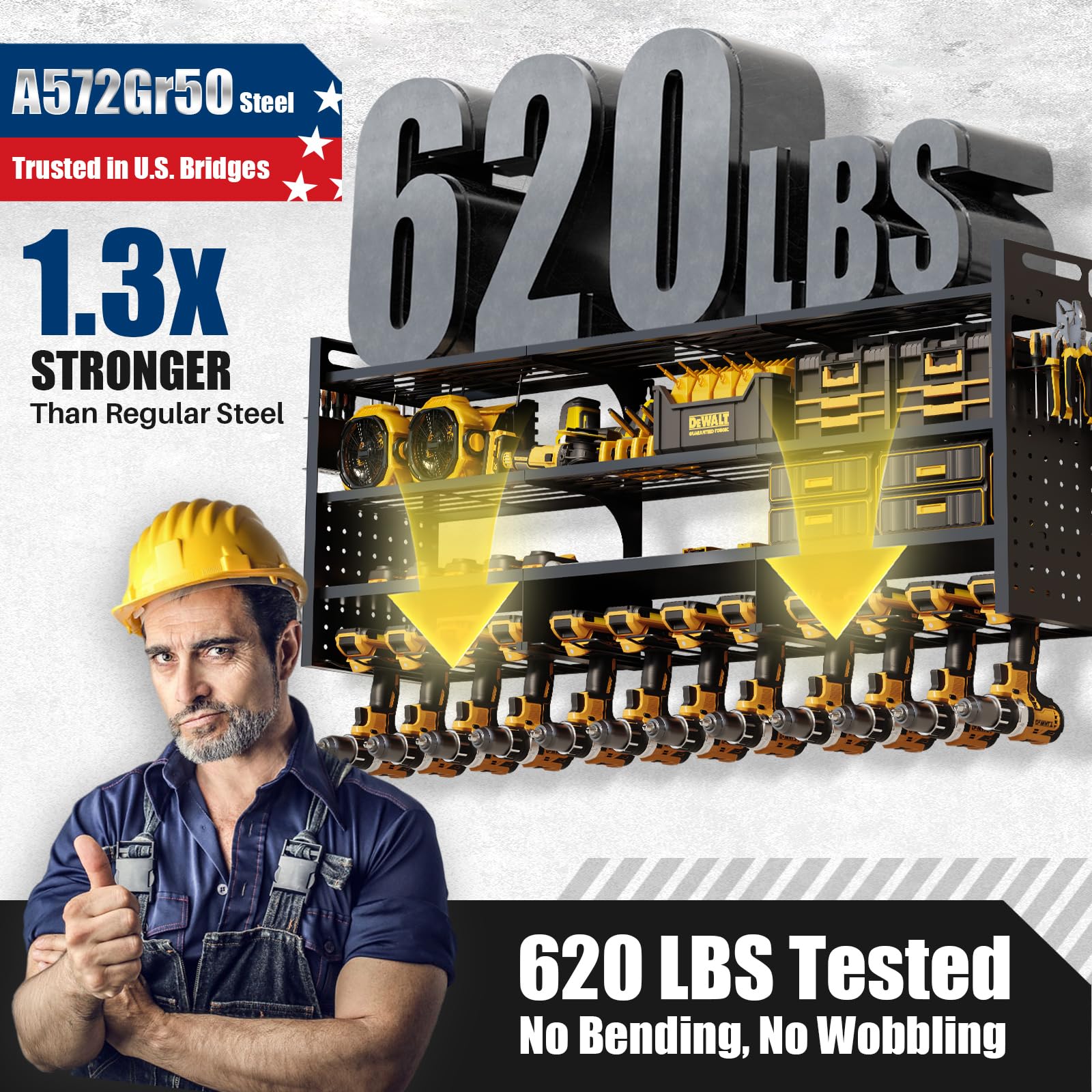 STURDIFLOW side racks organize 30+ tools and drill bits efficiently.