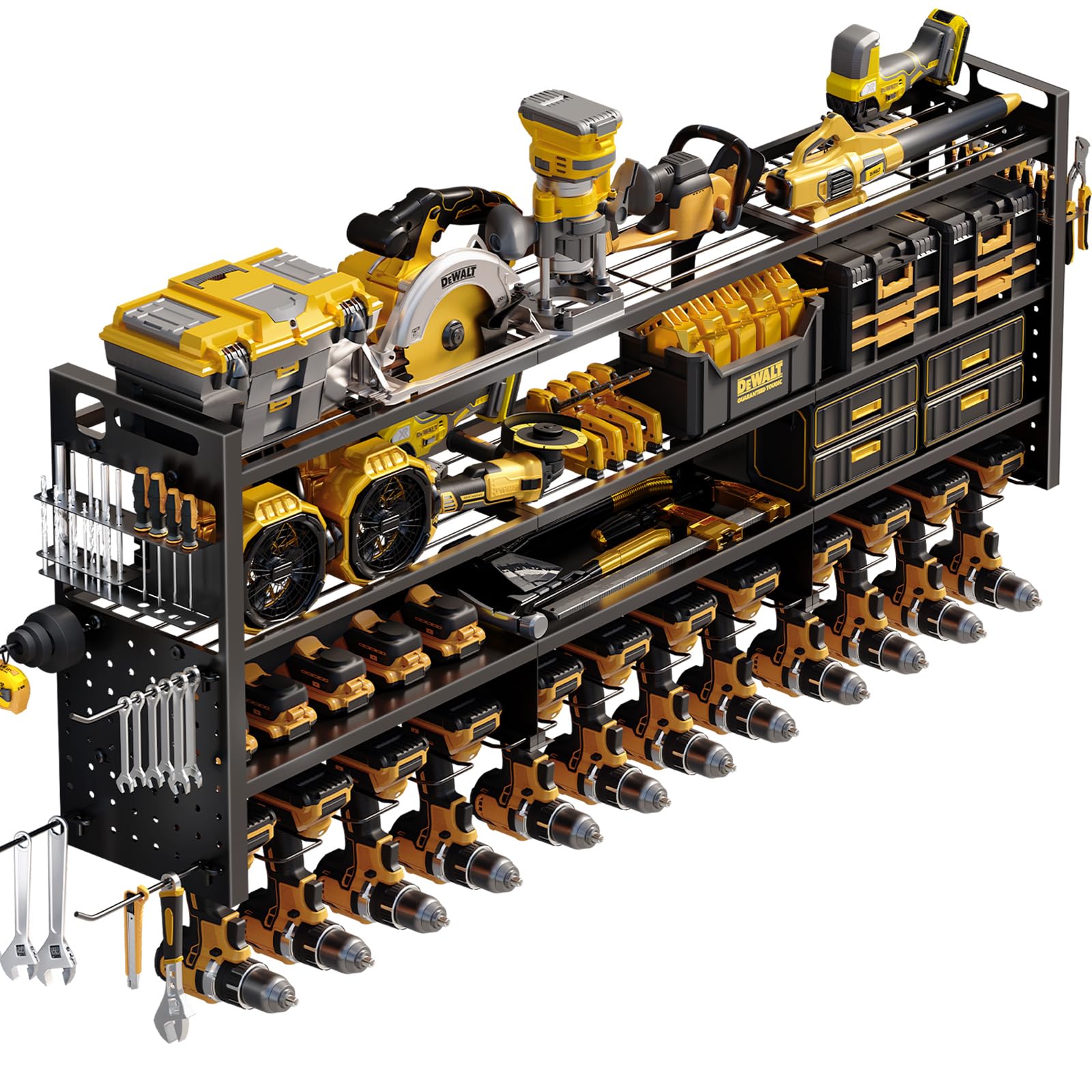 STURDIFLOW wall-mounted 49-inch tool organizer keeps large tools within easy reach.
