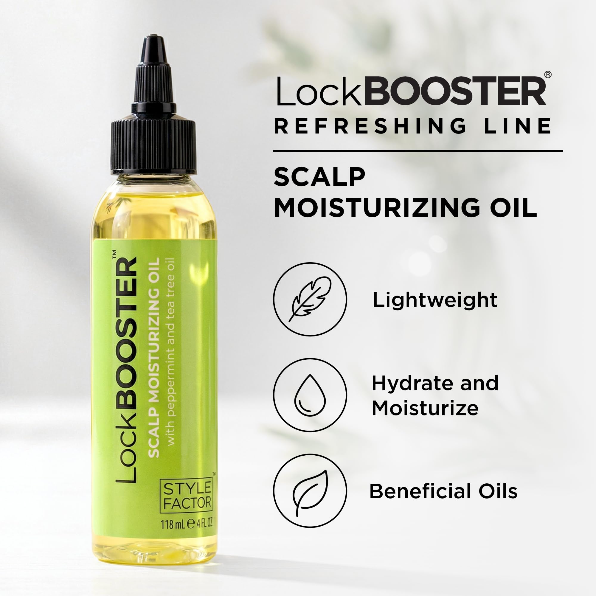Style Factor LockBOOSTER bottle blends peppermint and tea tree oils for refreshing scalp care.