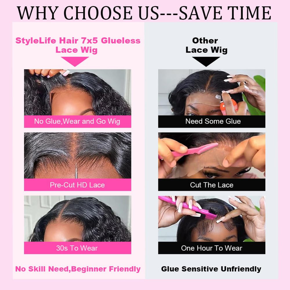 StyleLife pre-cut lace detail on deep wave wig for easy styling.