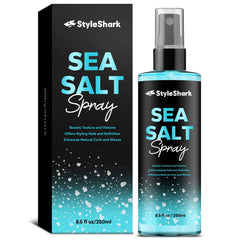 StyleShark Sea Salt Spray bottle close-up highlighting premium ingredients for beachy, textured hair