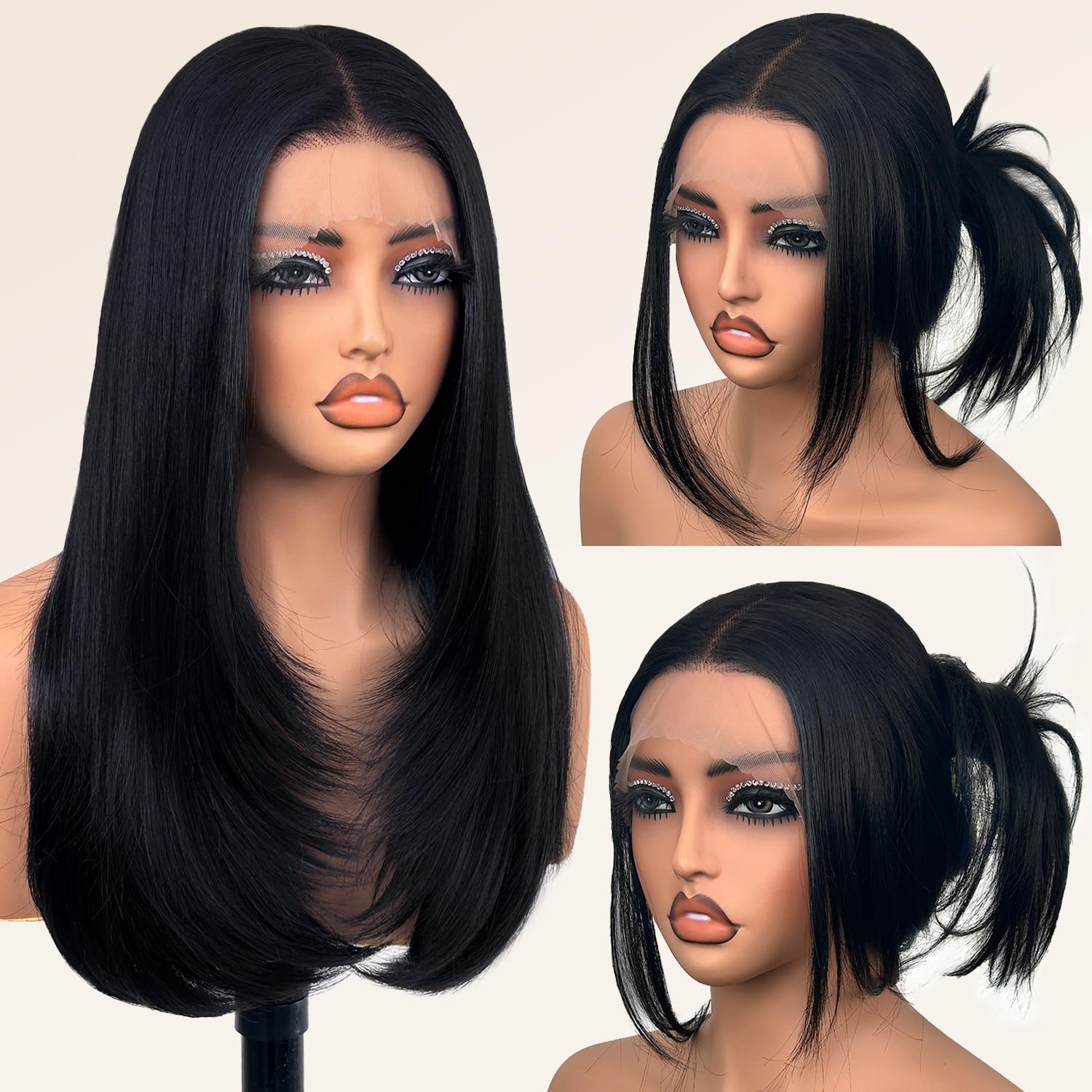 Su Mei.s glueless lace front wig, 26-inch straight black, for easy daily wear.