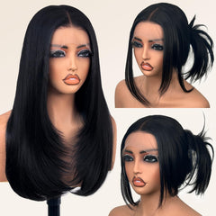Su Mei.s glueless lace front wig, 26-inch straight black, for easy daily wear.