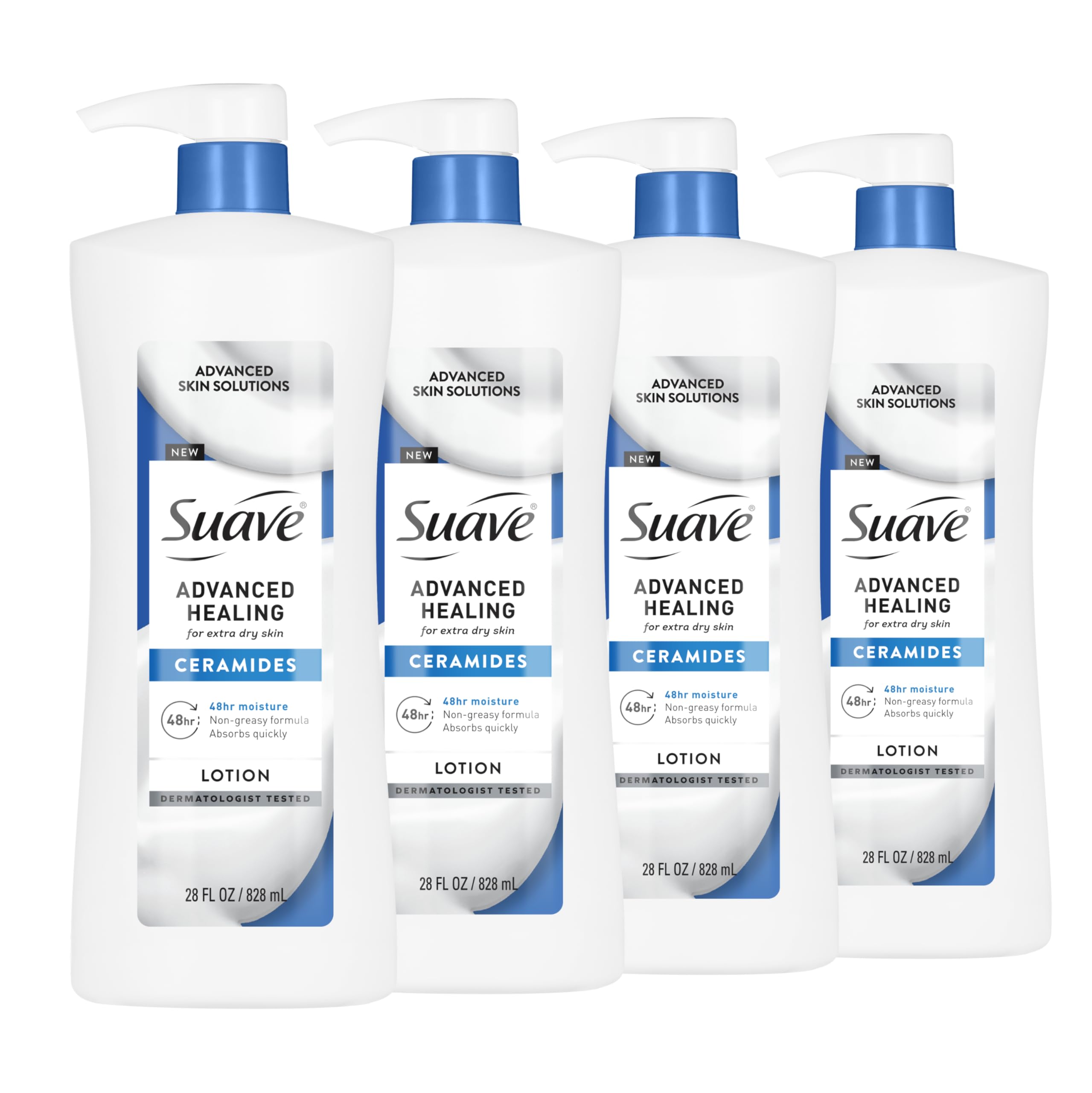 Suave Advanced Healing hand and body lotion bottle front, highlighting ceramides for deep hydration.
