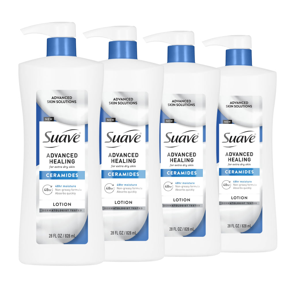 Suave Advanced Healing hand and body lotion bottle front, highlighting ceramides for deep hydration.