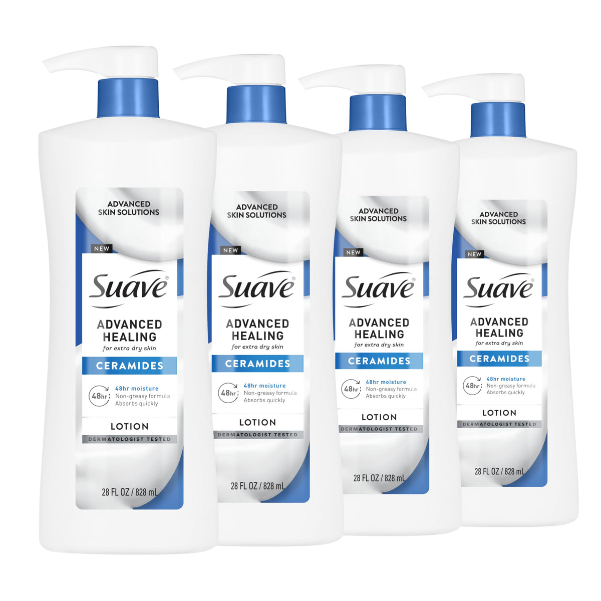 Suave Advanced Healing hand and body lotion bottle front, highlighting ceramides for deep hydration.