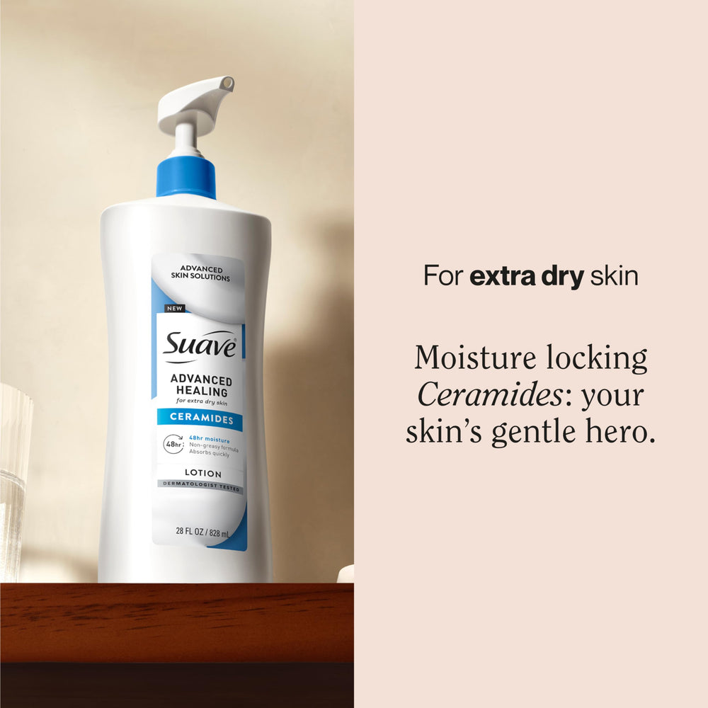 Suave Advanced Healing label closeup showing allergen-free formula and gentle skincare.