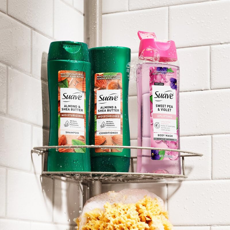 Bathroom shelf displaying Suave shampoo and conditioner for daily use