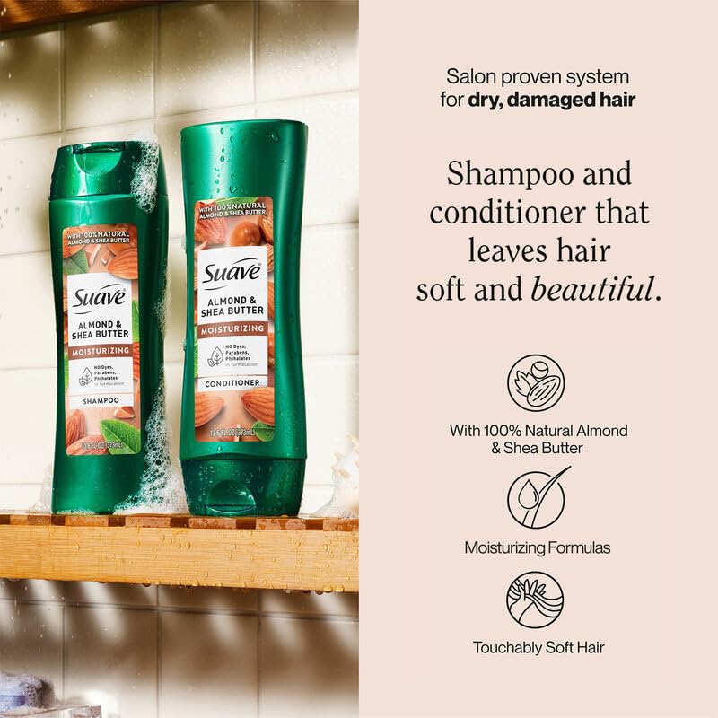 Suave Almond & Shea Butter Conditioner bottle demonstrates detangling capabilities