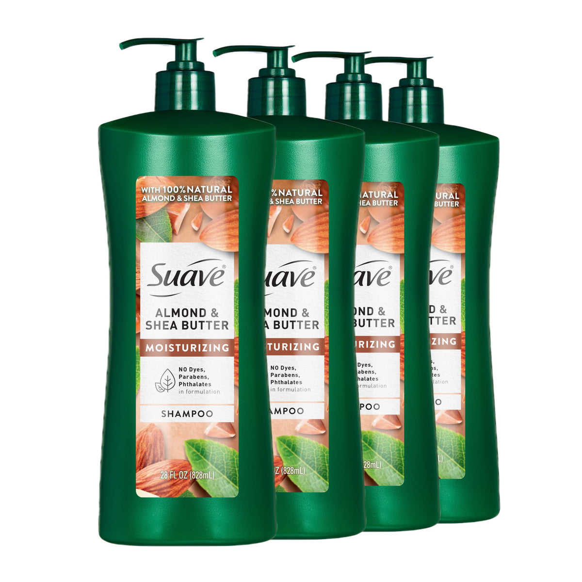 Suave Almond and Shea Butter Shampoo bottle pouring for deep hydration