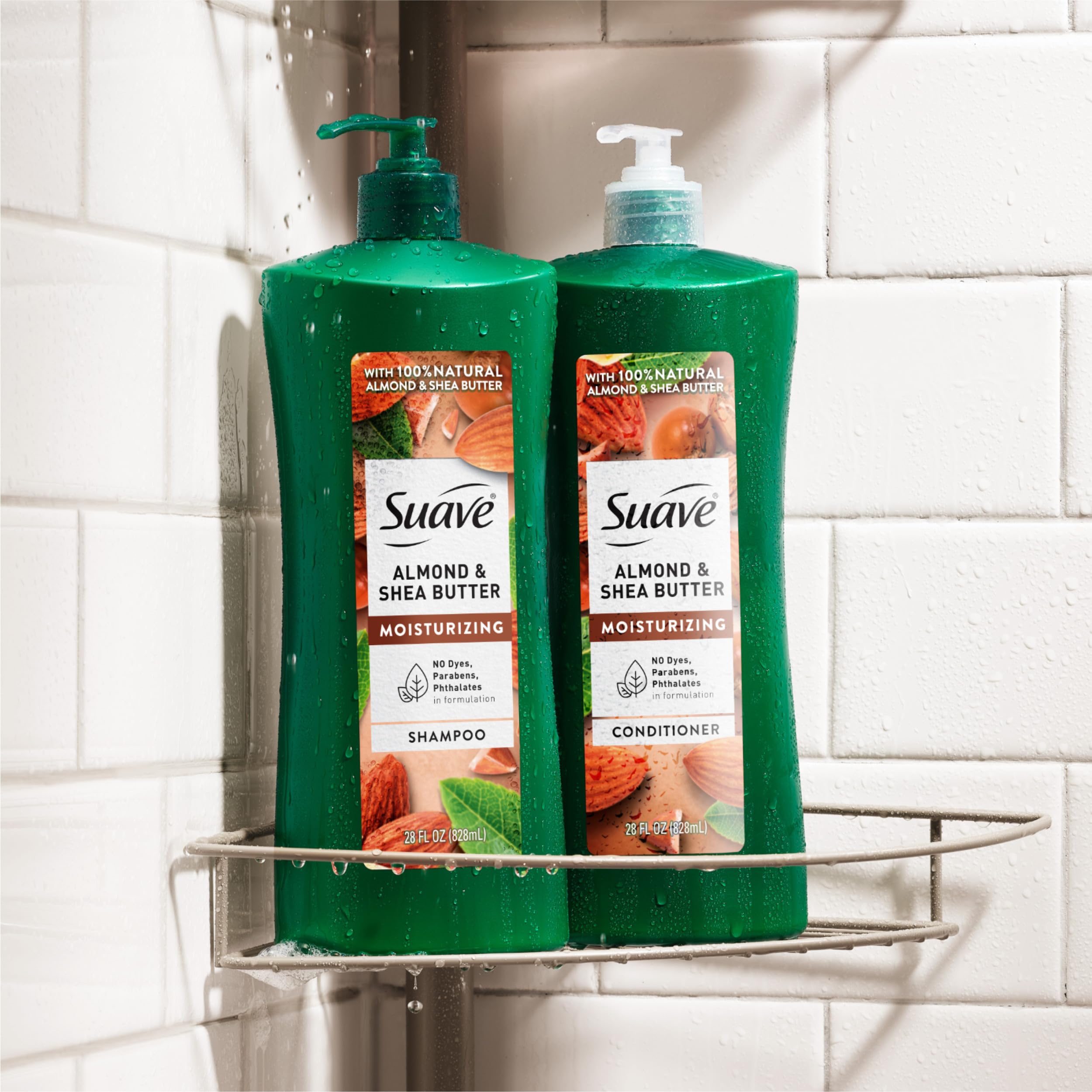 Cruelty-free Suave shampoo packaging on clean bathroom shelf