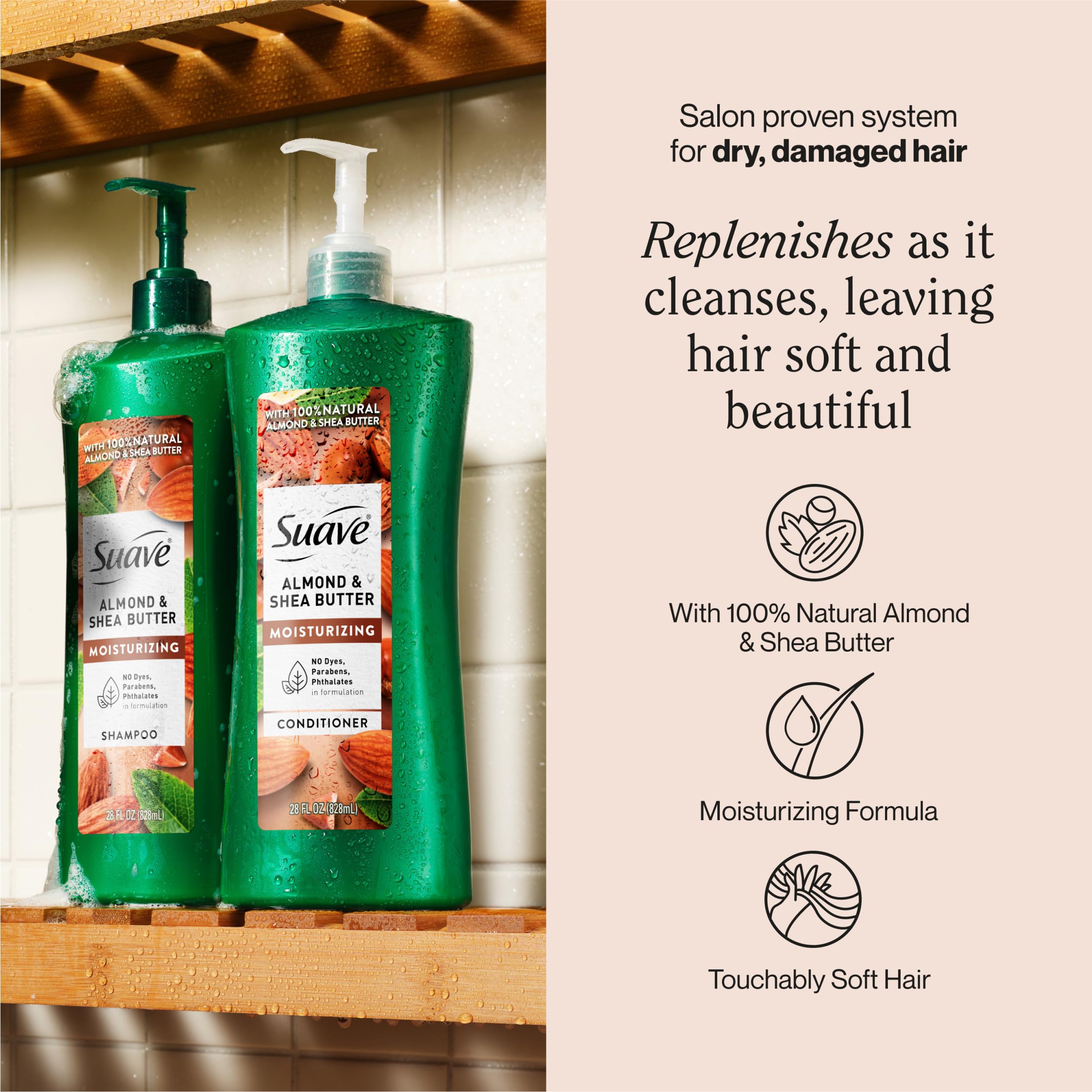 Creamy lather from Suave shampoo highlighting almond oil and shea butter