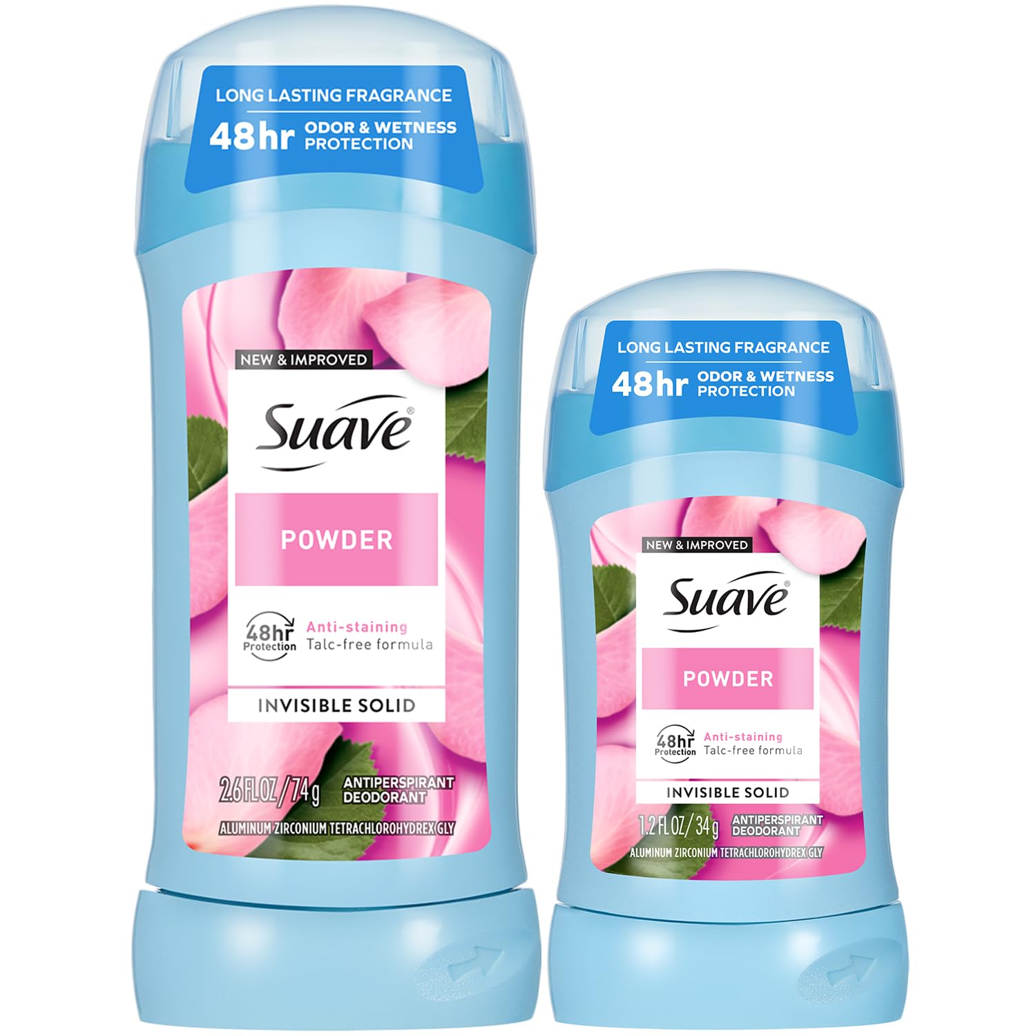 Suave antiperspirant for women Powder two-size variety pack on shelf showing long-lasting freshness