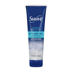 Suave Barber Essentials Gel applied to damp hair for strong, long-lasting hold.