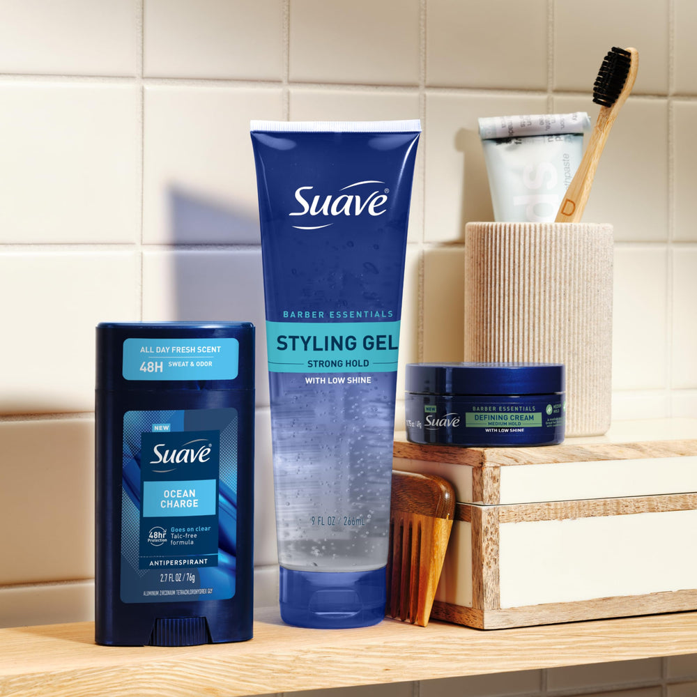 Suave Barber Essentials Gel features sandalwood and lavender scent for fresh hair all day.