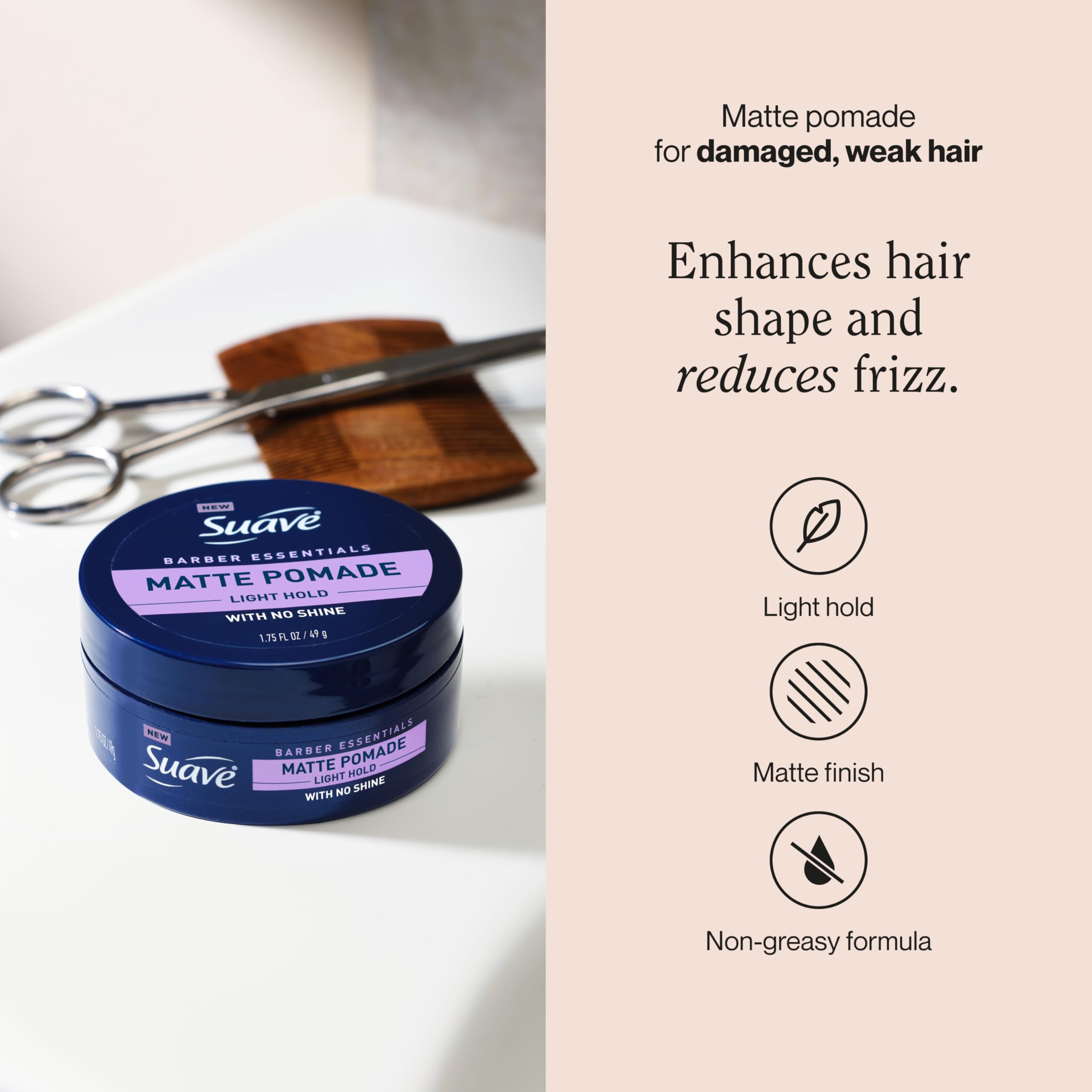 Suave Barber Essentials Pomade jar back label, non-greasy formula.