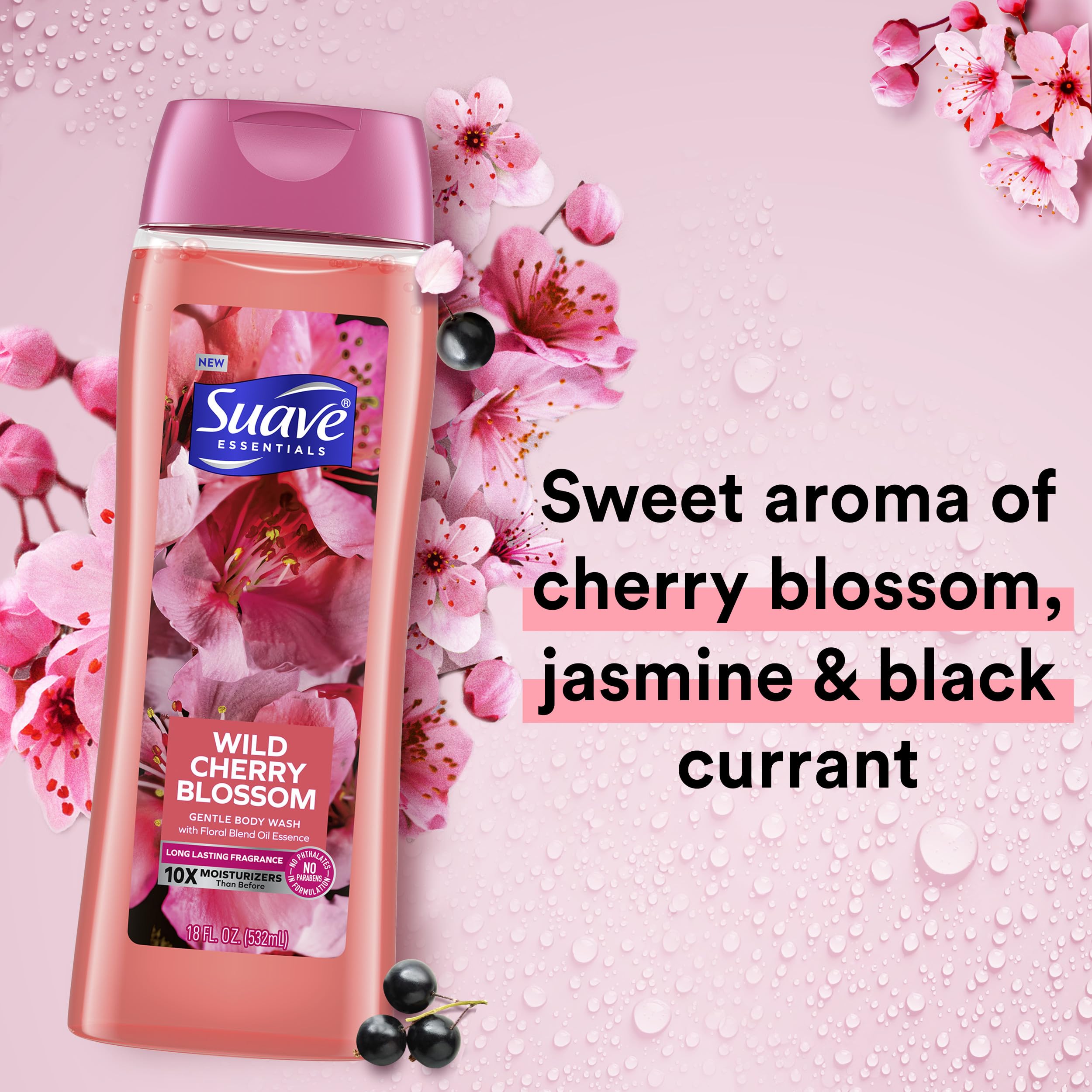 Suave Cherry Jasmine Black Currant lather delivers creamy hydration.
