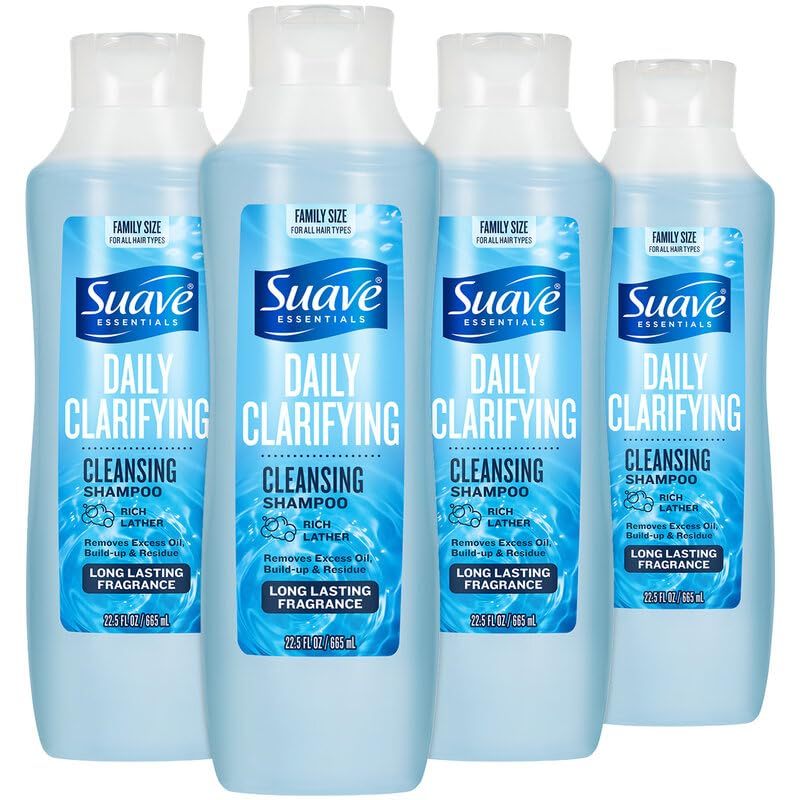 Suave Clarifying Shampoo bottle in family pack highlighting pH-balanced formula for gentle cleansing