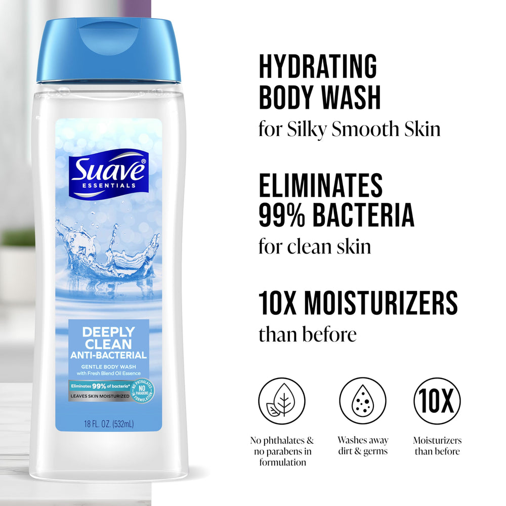 Cruelty-free Suave Deeply Clean bottle signals ethical skin care.