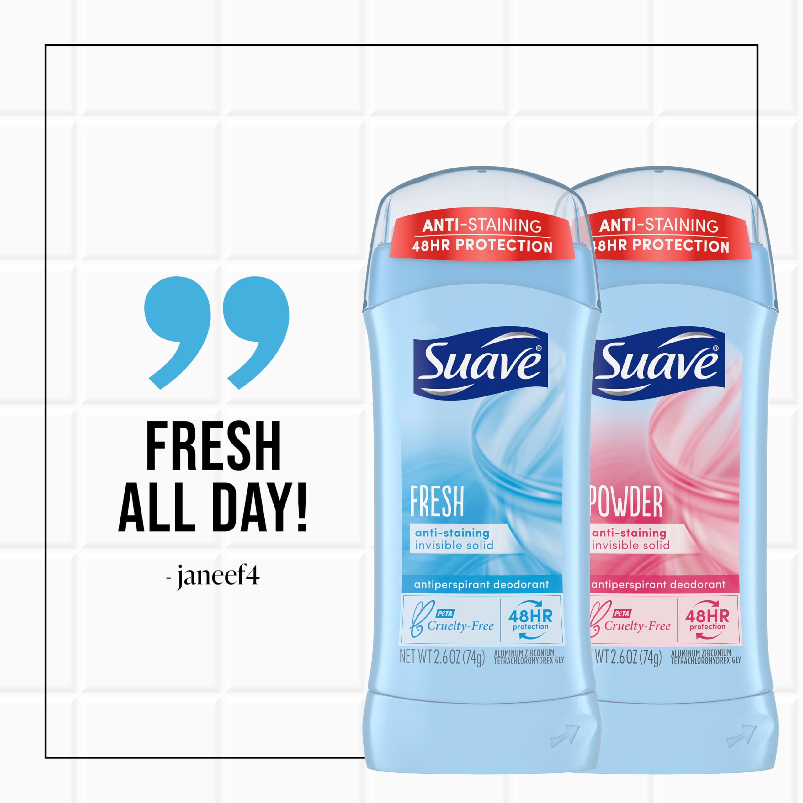 Suave easy-application foil pack conveying mess-free deodorant use.