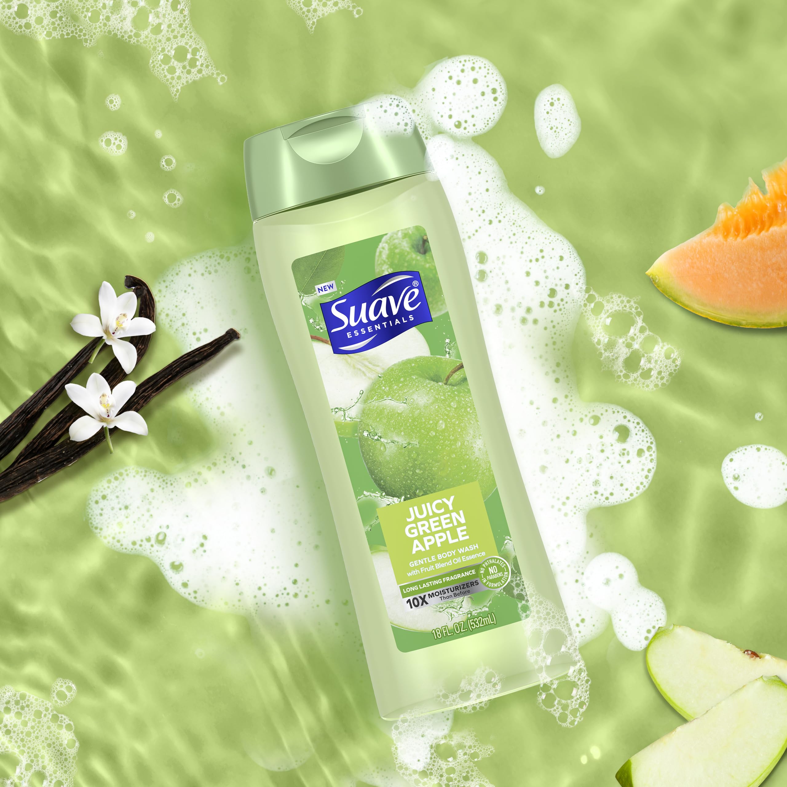 Suave Essentials Crisp Apple Aroma highlights a fresh, inviting shower experience