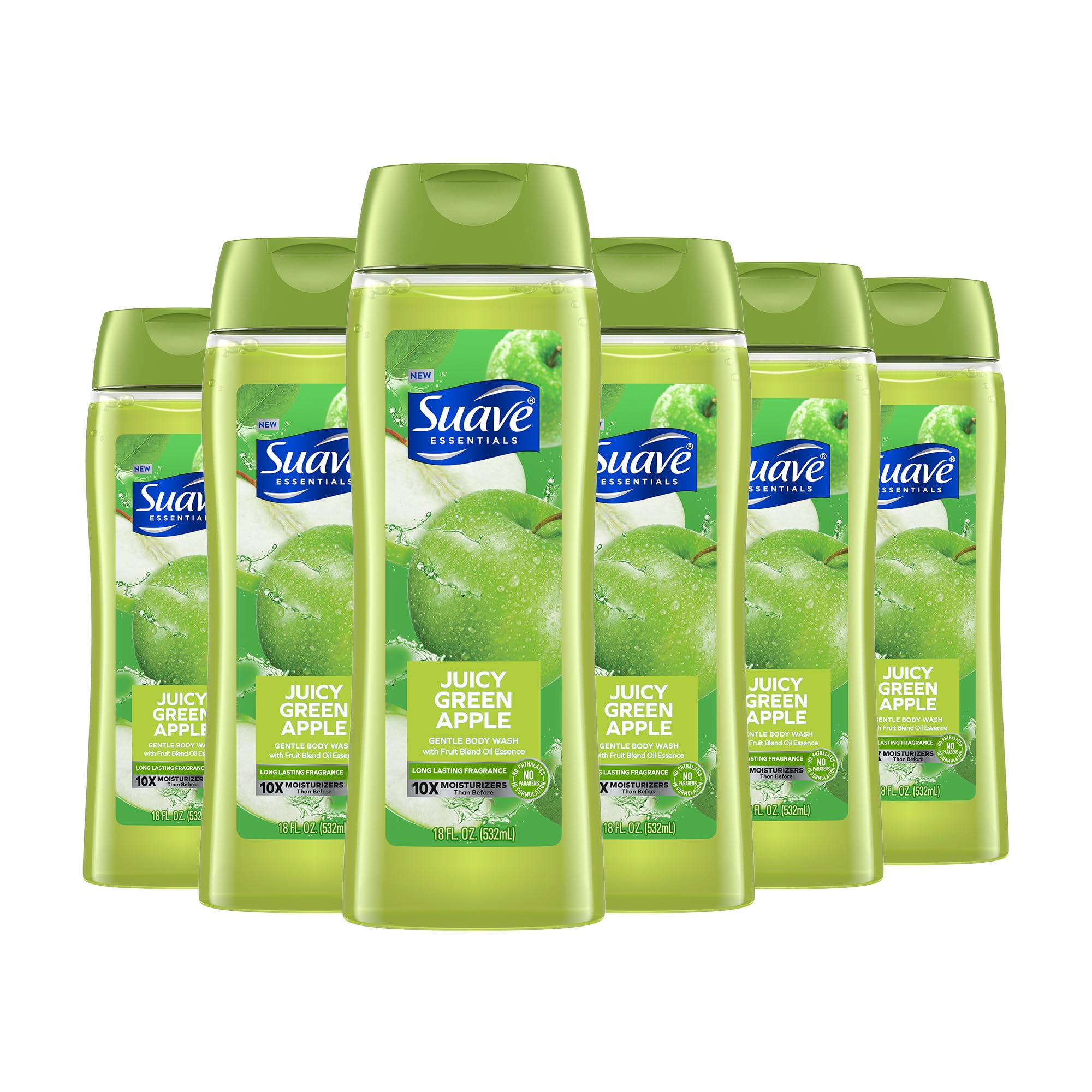 Suave Essentials Juicy Apple Body Wash bottle with crisp apple aroma for a refreshing shower