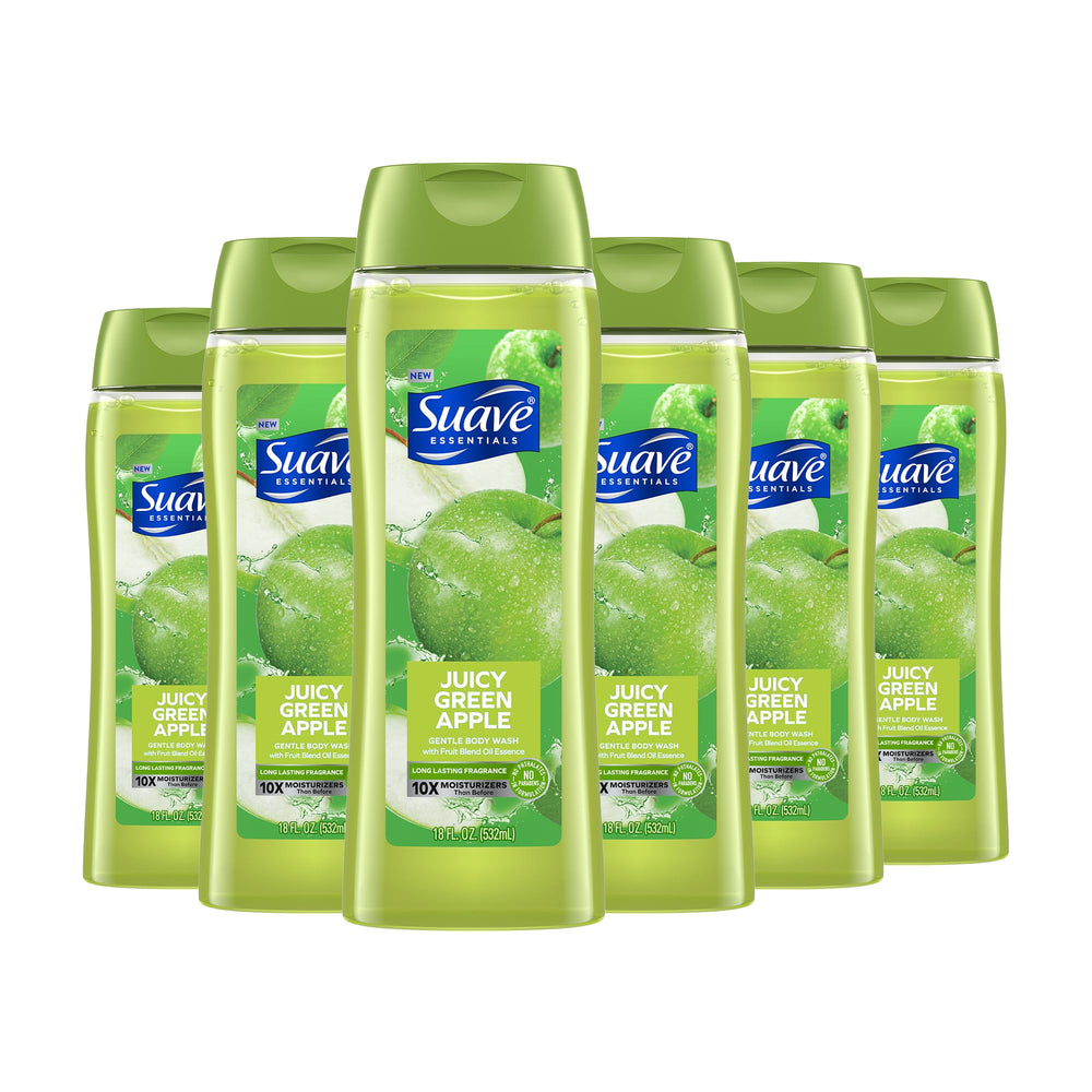 Suave Essentials Juicy Apple Body Wash bottle with crisp apple aroma for a refreshing shower