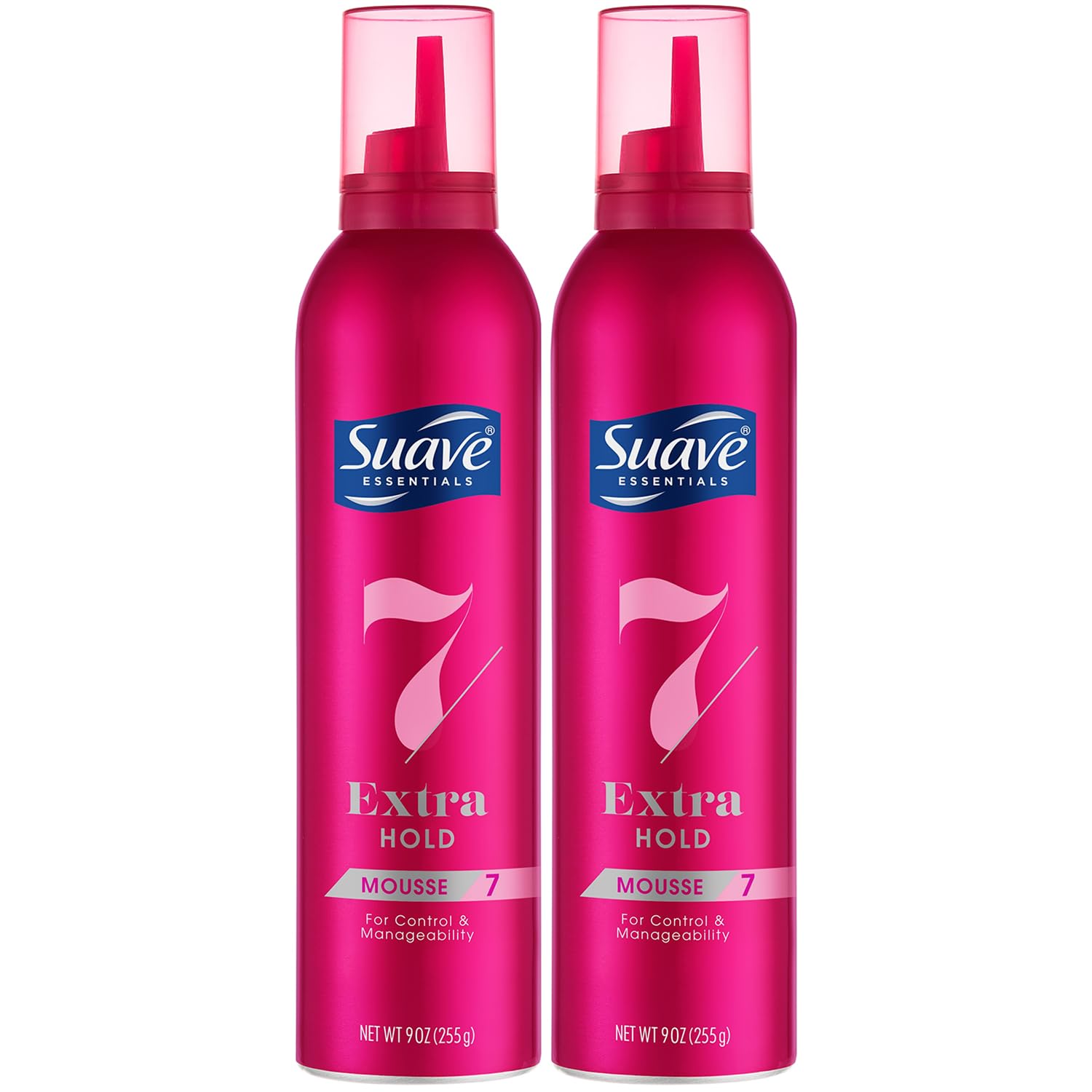 Suave Extra Hold Mousse bottle front shows natural volume and hold.