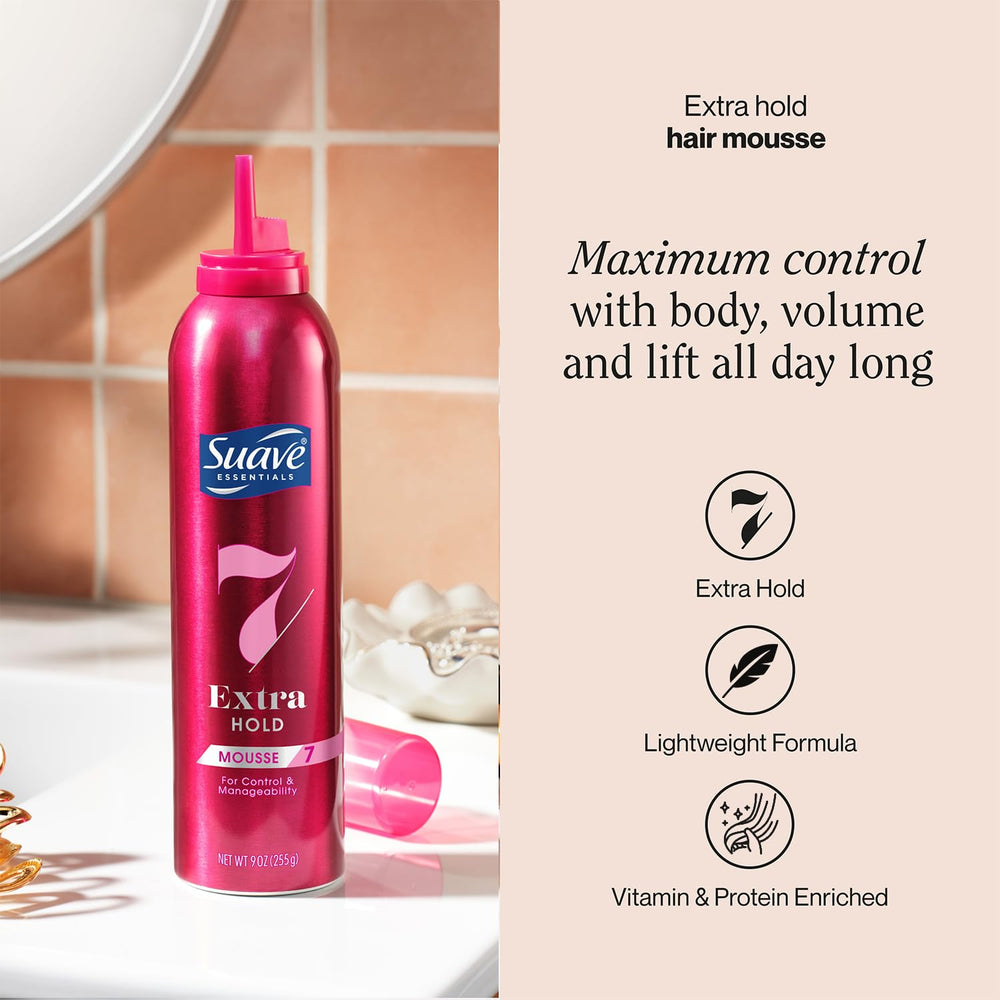 Suave Extra Hold Mousse bottle side highlights compact 9 oz size.