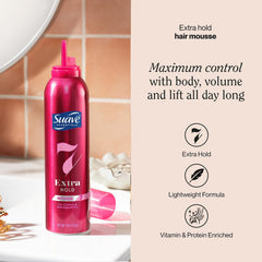 Suave Extra Hold Mousse bottle side highlights compact 9 oz size.