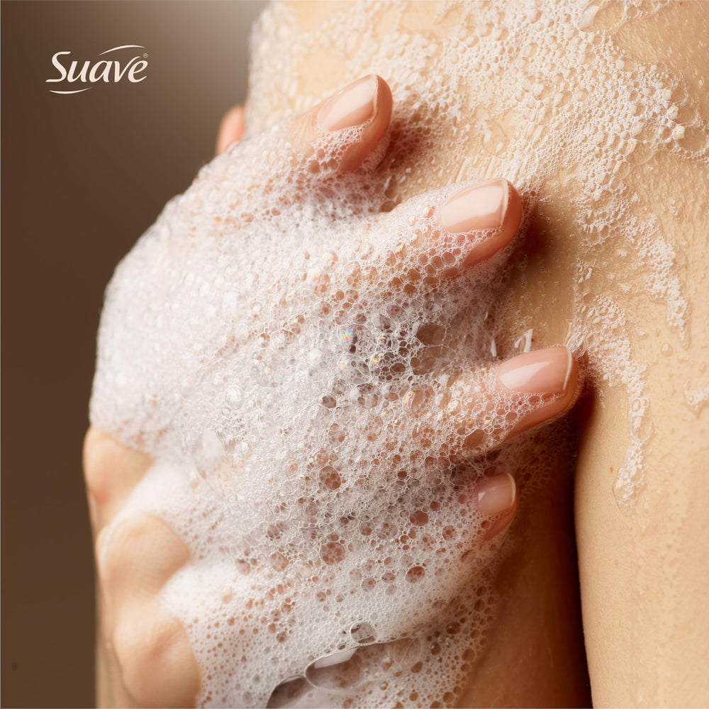 Family-size Suave bottle ready for shared bathroom routines.