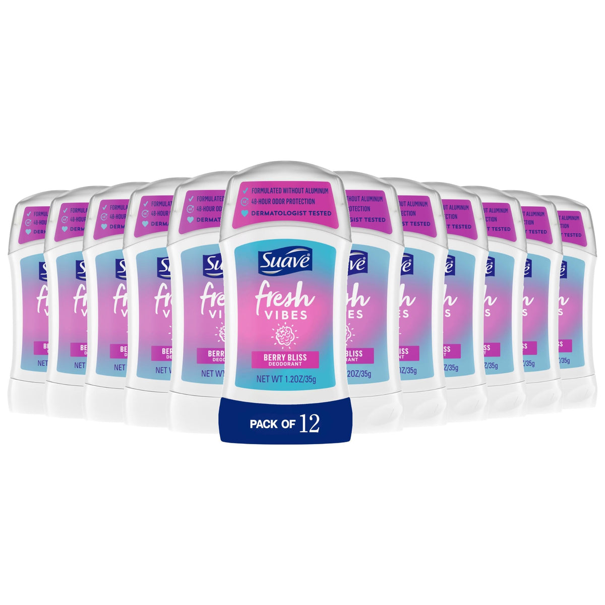Suave Fresh Vibes Berry Bliss deodorant stick; 12-pack, aluminum-free for all-day freshness
