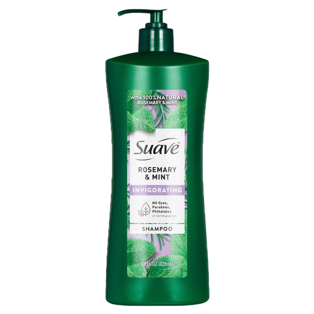 Suave Invigorating Shampoo bottle highlights refreshing rosemary and mint for daily cleansing.