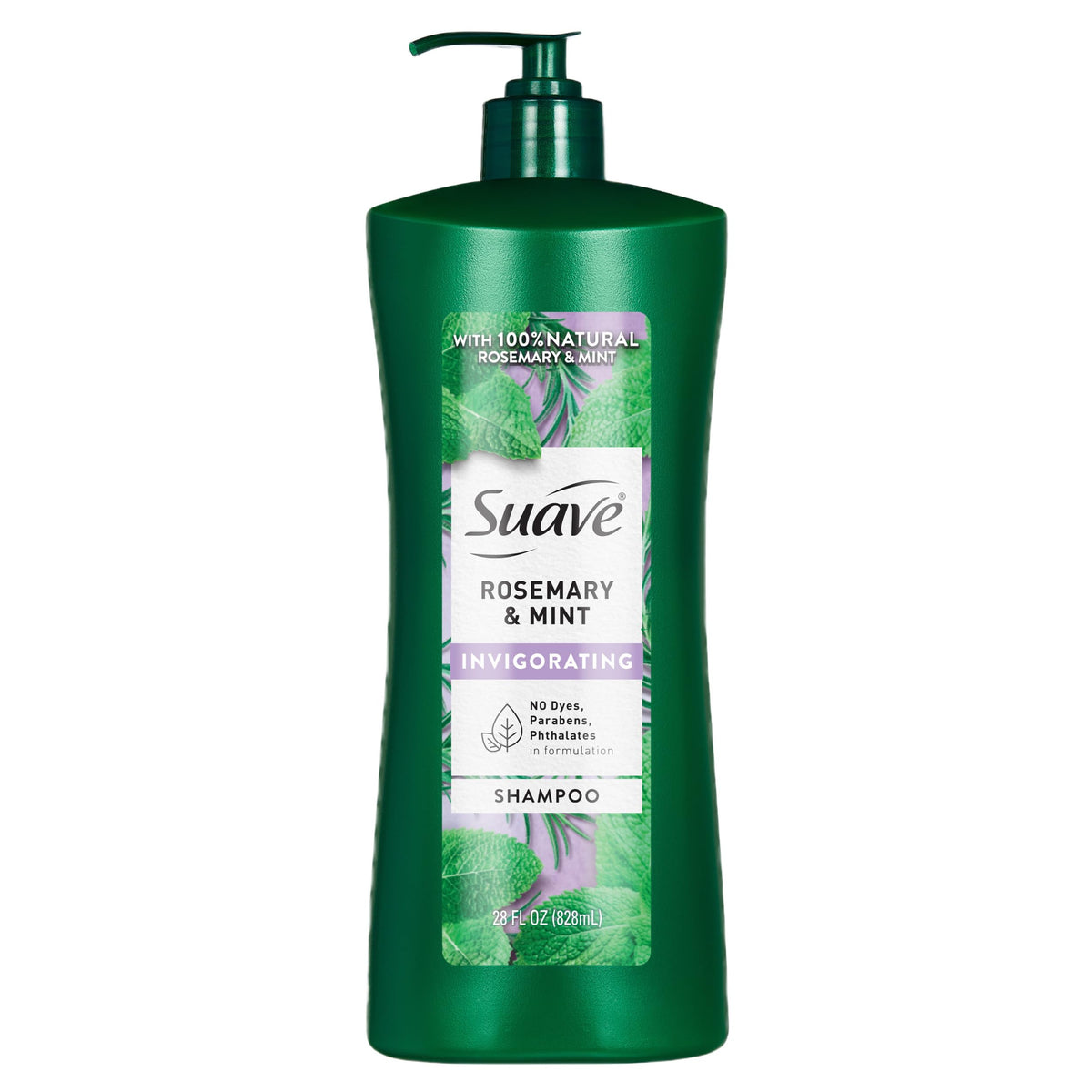 Suave Invigorating Shampoo bottle highlights refreshing rosemary and mint for daily cleansing.