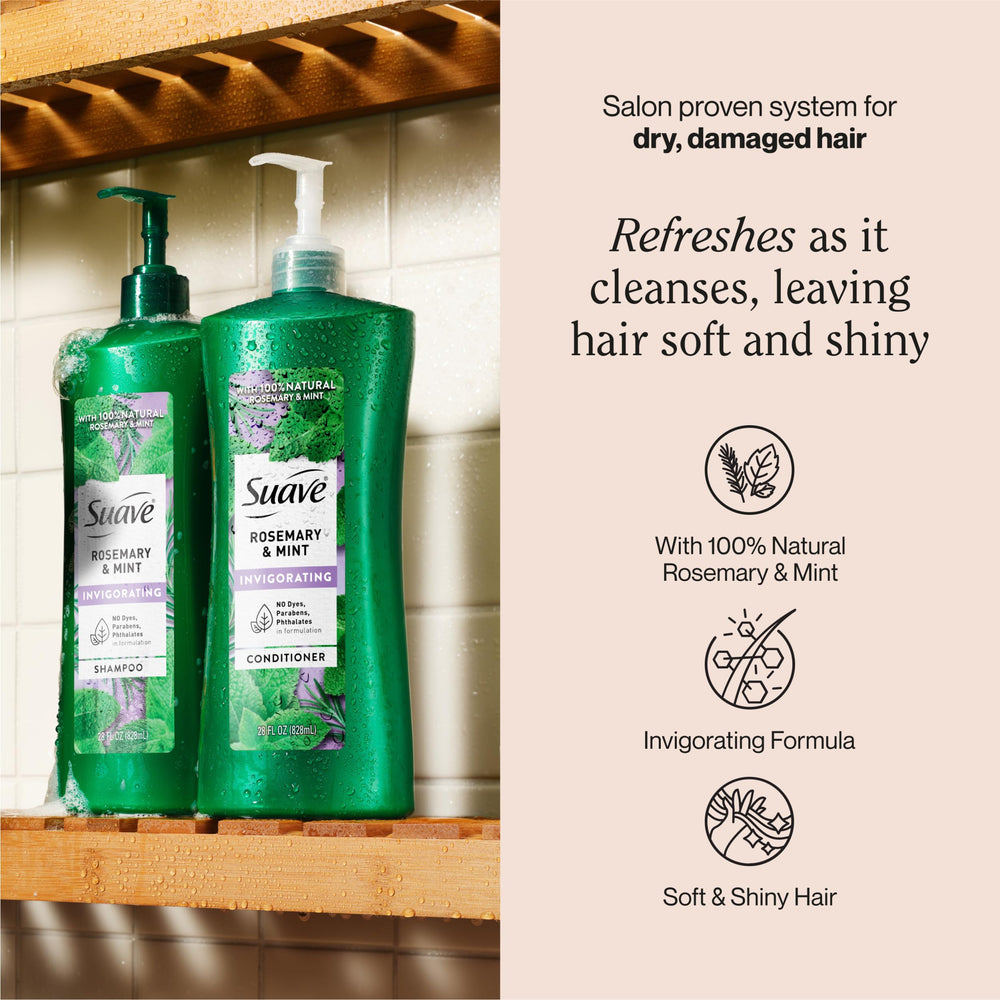 Label closeup reveals paraben-free, cruelty-free credentials for Suave Invigorating Shampoo.